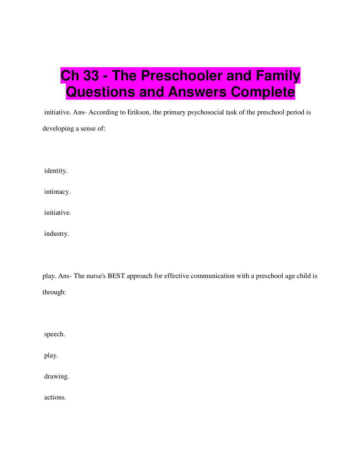 Preview image for Ch 33 - The Preschooler and Family Questions and Answers Complet